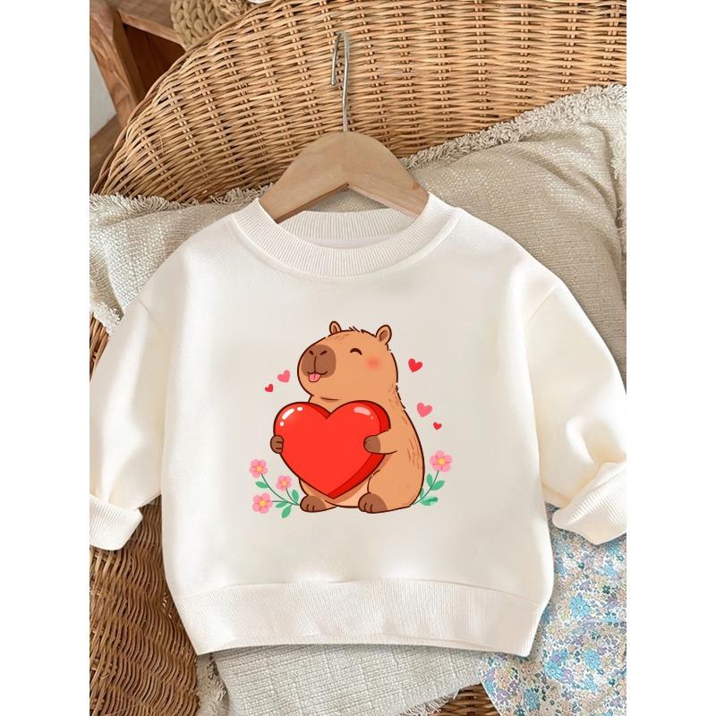 Kids Crewneck Pullover Sweatshirt, Cartoon Capybara Holding Heart Graphic Print 110 белый