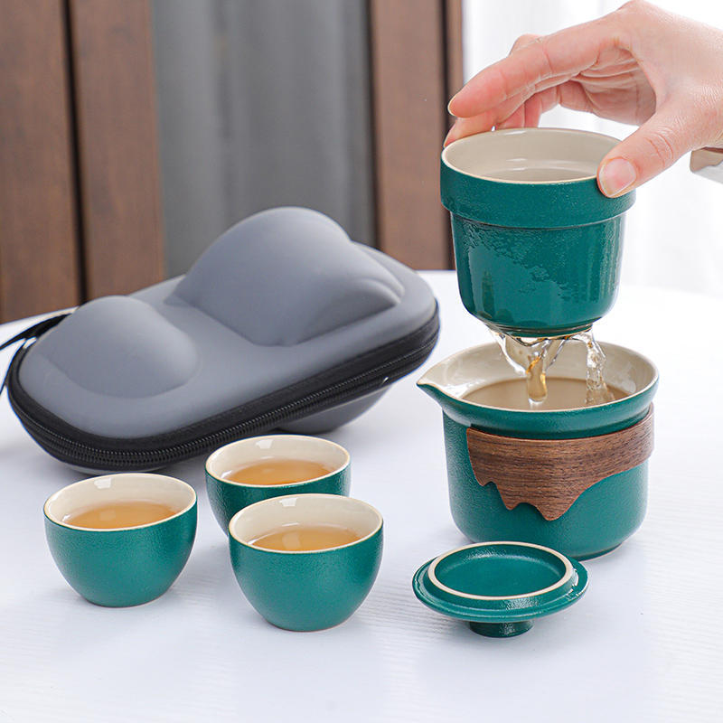 Travel tea set, portable small bag, black pottery, easy to carry outdoors, a pot of three cups of express cup