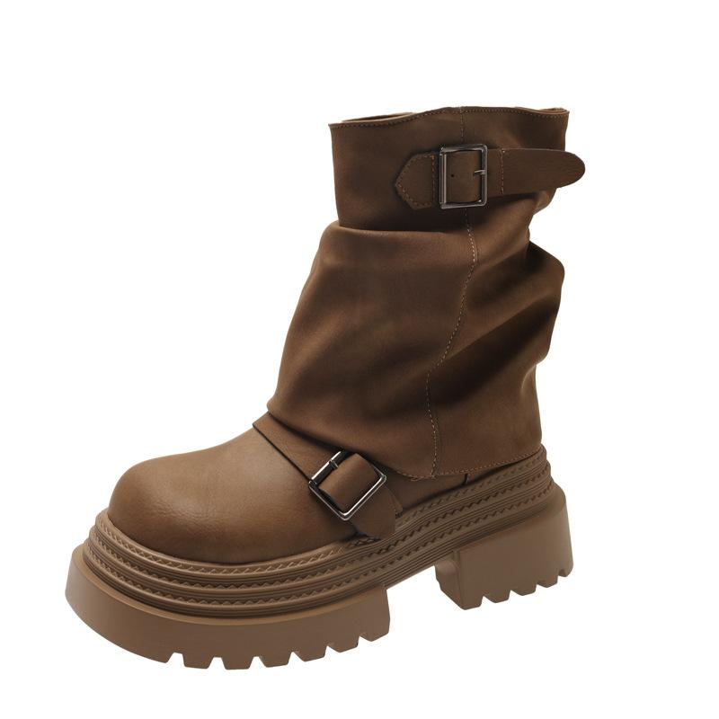 Fashion Versatile Belt Buckle Round Head Thick Sole Heightening Short Boots Women's 2025 Autumn and Winter New Fashion Versatile Thick Sole Boots