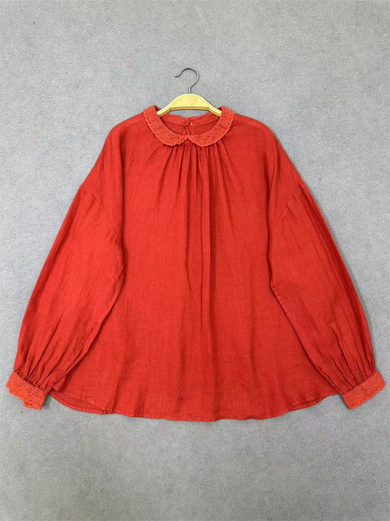 Johnature Thin Lace Trim Shirt Vintage Long Sleeve Top For Spring Autumn Women Shirts