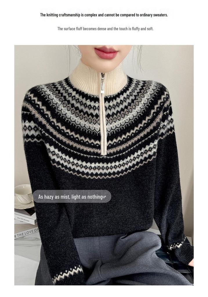 Women's Retro Fair Isle Stand Collar Wool Sweater - Loose Fit, 100% Wool, Plus Size Knitwear Outerwear