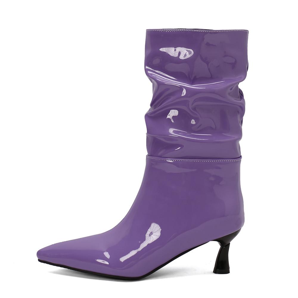 

Модные новые осенние женские сексуальные полусапожки из лакированной кожи на высоком каблуке, ботильоны с острым носком, каблуки-шпильки, западные плиссированные короткие сапоги 34 фиолетовый