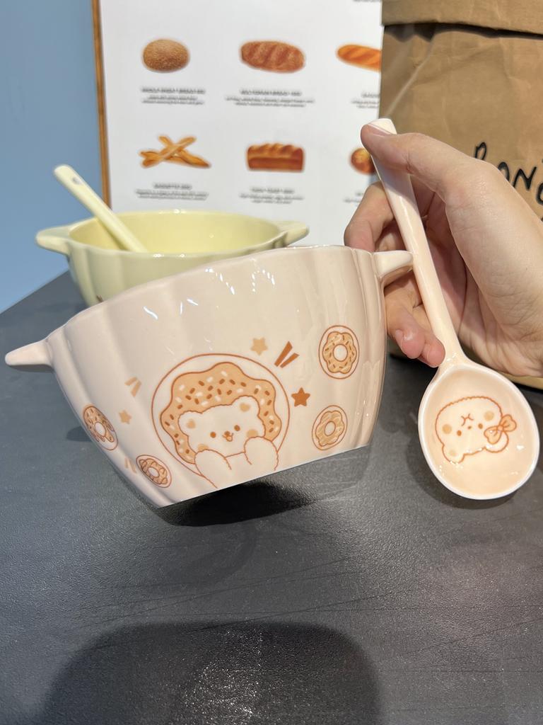 1/2 Set Cute Pumpkin-Shaped Ceramic Two-Handled Bowl with Spoon - Salad/Fruit/Soup/CerealBowl, Microwave/Dishwasher Safe