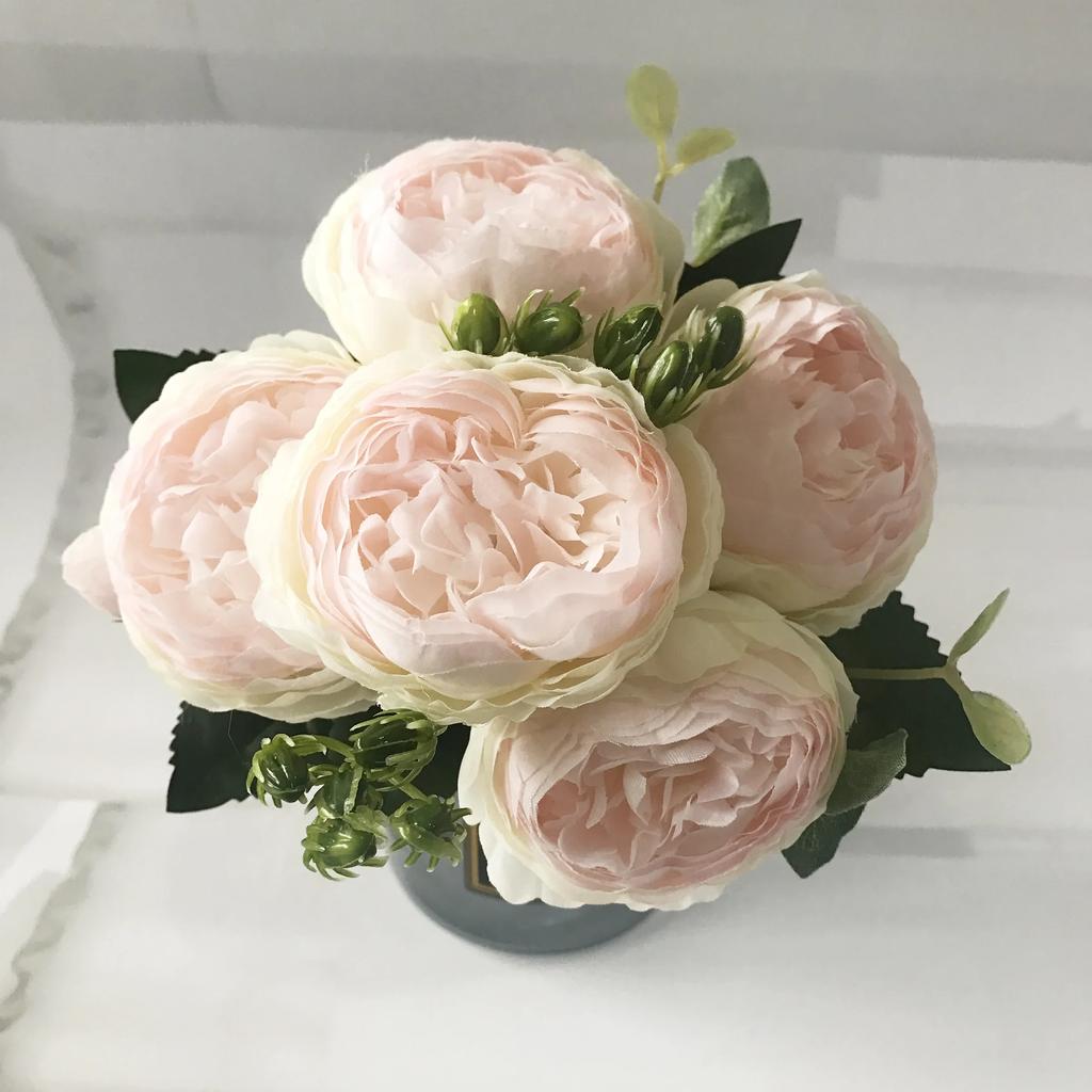 30cm Rose Pink Silk Peony Artificial Flowers Bouquet 5 Big Head and 4 Bud Cheap Fake Flowers for Home Wedding Decoration Indoor KTY