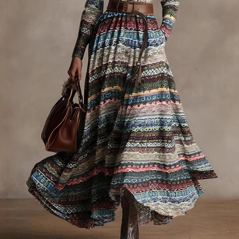 TEMU 2025 Autumn/Winter Elegant Tribal Print Long-Sleeve Dress for Women
