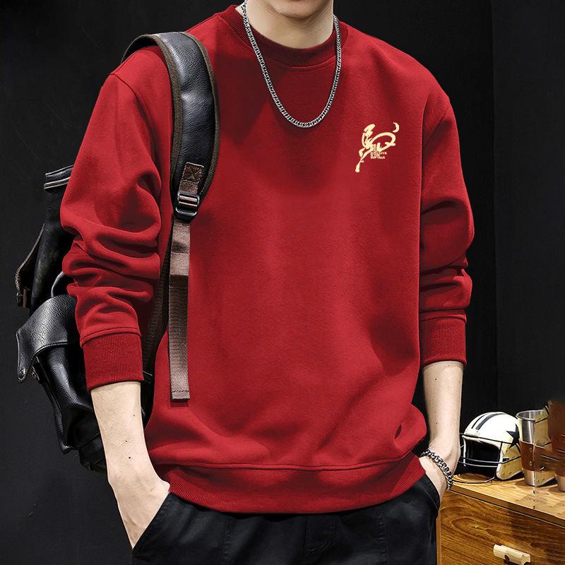 Guochao Men's Oversize Black Hoodie with Round Neck - Warm, Thick, Plus Size for Spring and Autumn.