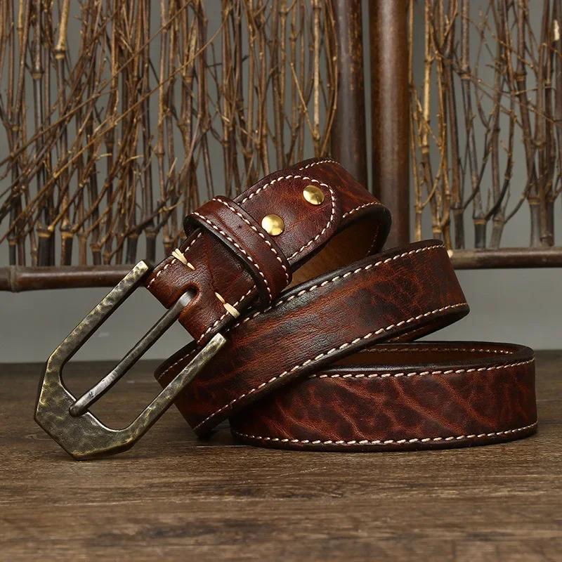 

3,8 см толстая воловья кожа медная пряжка натуральная кожа повседневный ремень для джинсов мужской высококачественный ретро роскошный мужской ремень пояс дизайнер 125cm хаки
