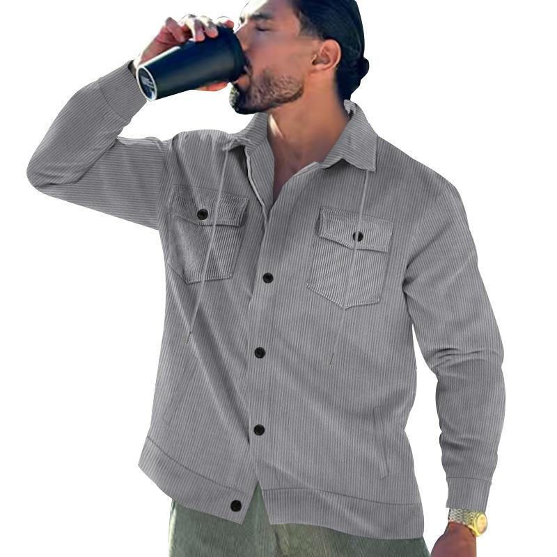 Herren Cord Knopf Jacke Langarm Gestreift Casual Vintage Doppel Tasche Werkzeug Top Hemd