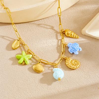316L Stainless Steel Fresh Fun Starfish Conch Turtle Shell Pendant Necklace Women Ocean Series Neck Chain Jewelry Gift