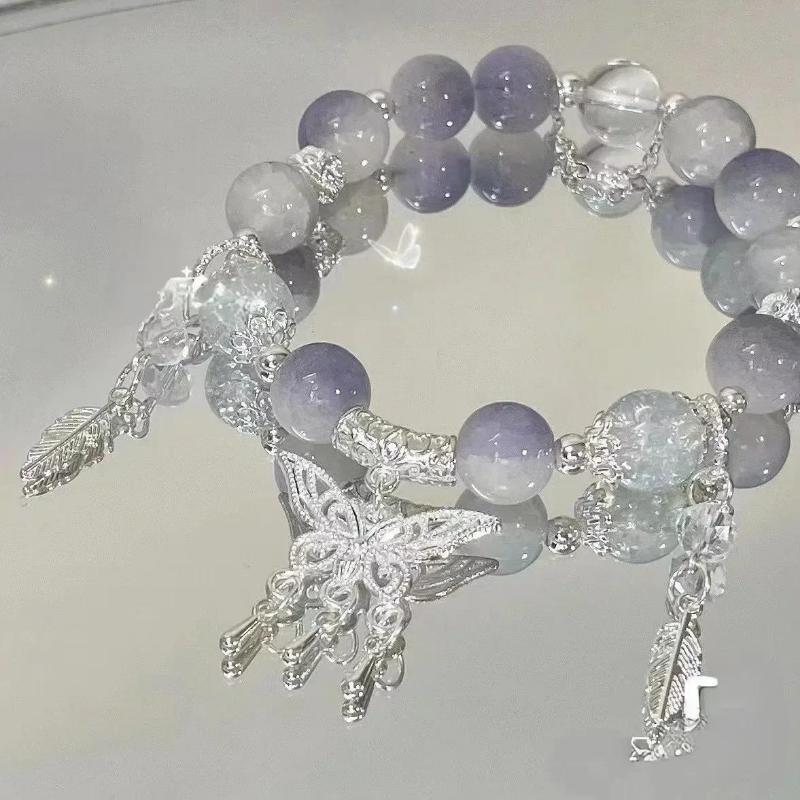 Bracciale con Perline e Ciondolo a Forma di Fiore Rosa di Cristallo Coreano e Farfalla per Donne, Catena Dolce con Perle, Gioielli Regalo per Fidanzata