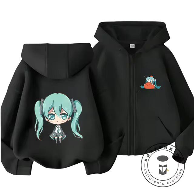 Süßer Minimalismus Kinder Kapuzenpullover mit Reißverschluss und Hatsune Miku Aufdruck - Frühjahrsmode Sweatshirt 160 black