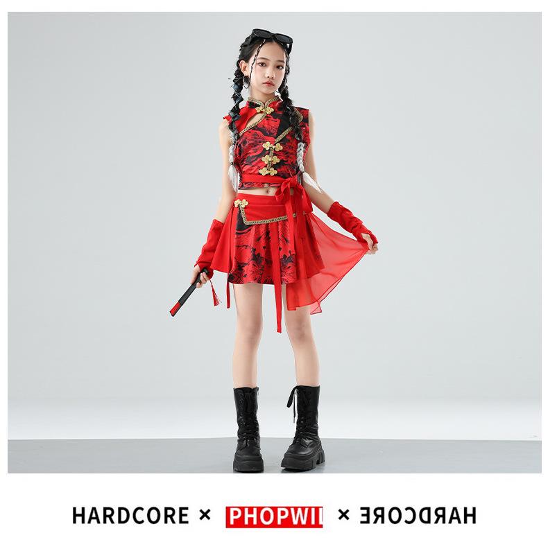 Chinese Red Dragon Jazz Dance Skirt Set - Girls' Fashion Show & Street Dance Costume