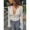 Women's Solid Colour Slim V-Neck Long Sleeve Lace Bottom Shirt Top