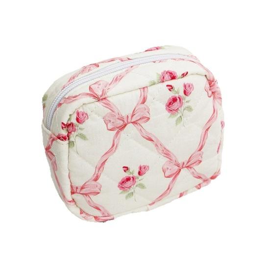 Girls Quilted Cosmetic Bag Soft Floral Makeup Pouch Elegant Bow Knot And Flower Travel Cosmetic Organizer for Women Toiletries розовый