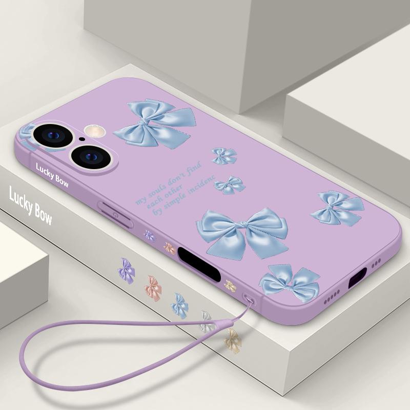 

Ударопрочный мягкий чехол из ТПУ со шнурком для iPhone 16 15 14 Pro 13 12 Mini 11 Pro Max Xs Xr 8 7 Plus однотонный защитный чехол для объектива с бантом iPhone 12 mini фиолетовый