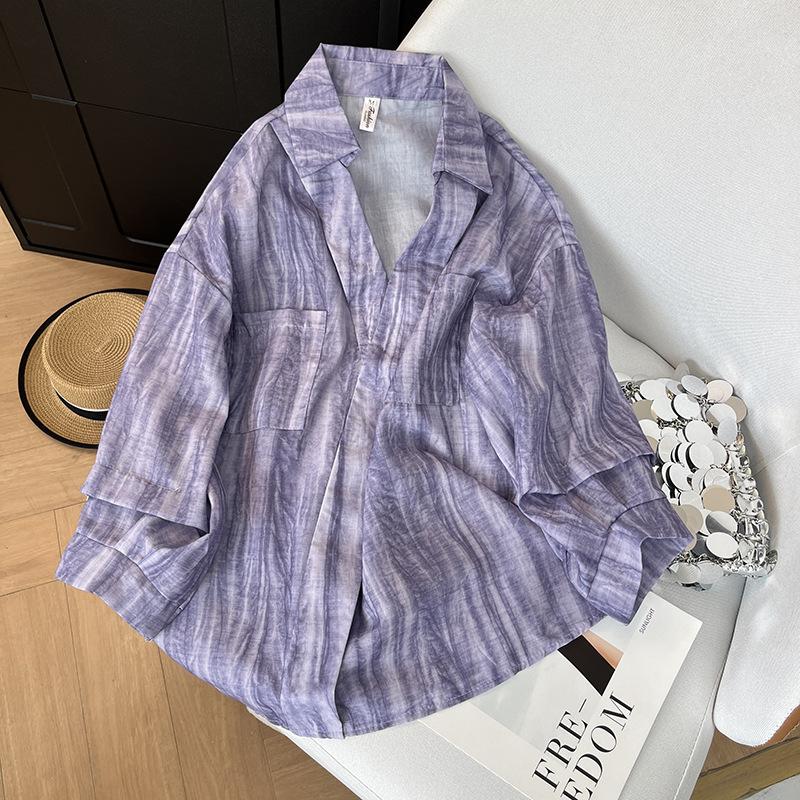 

Роскошная льняная рубашка высокого класса, европейский ленивый стиль, свободный большой размер, шикарный топ с лацканами для работы XXXL [recommended 138-75kg] фиолетовый