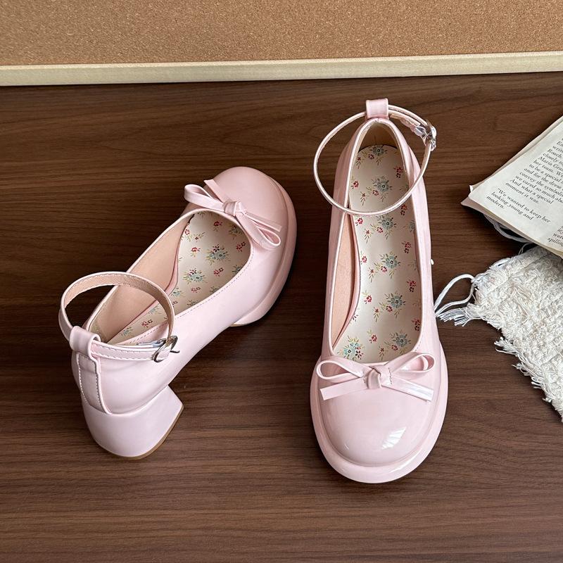 Single shoes high heels bow lace single shoes women's summer sweet platform leather shoes Lolita thick heel Mary Jane shoes