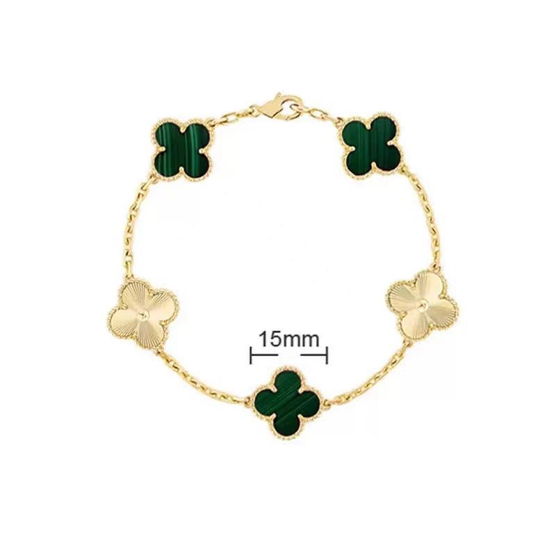 Bracciale da donna di alta qualità in oro rosa 18k, laser bianco, madreperla, calcedonio rosso, 15mm, quadrifoglio, cinque fiori