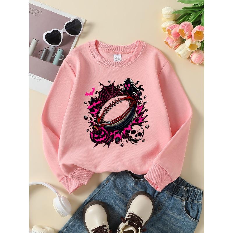 Girls' Long-Sleeve Round Neck Sweatshirt with Printed Design, Halloween Football Style for Spring And Autumn, Fashionable And Casual