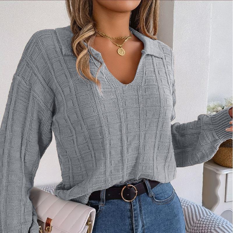 

Осенне-зимний женский свитер-поло с длинным рукавом, однотонный, в полоску, свободный, офисный, женский, модный, повседневный, вязаный свитер L серый