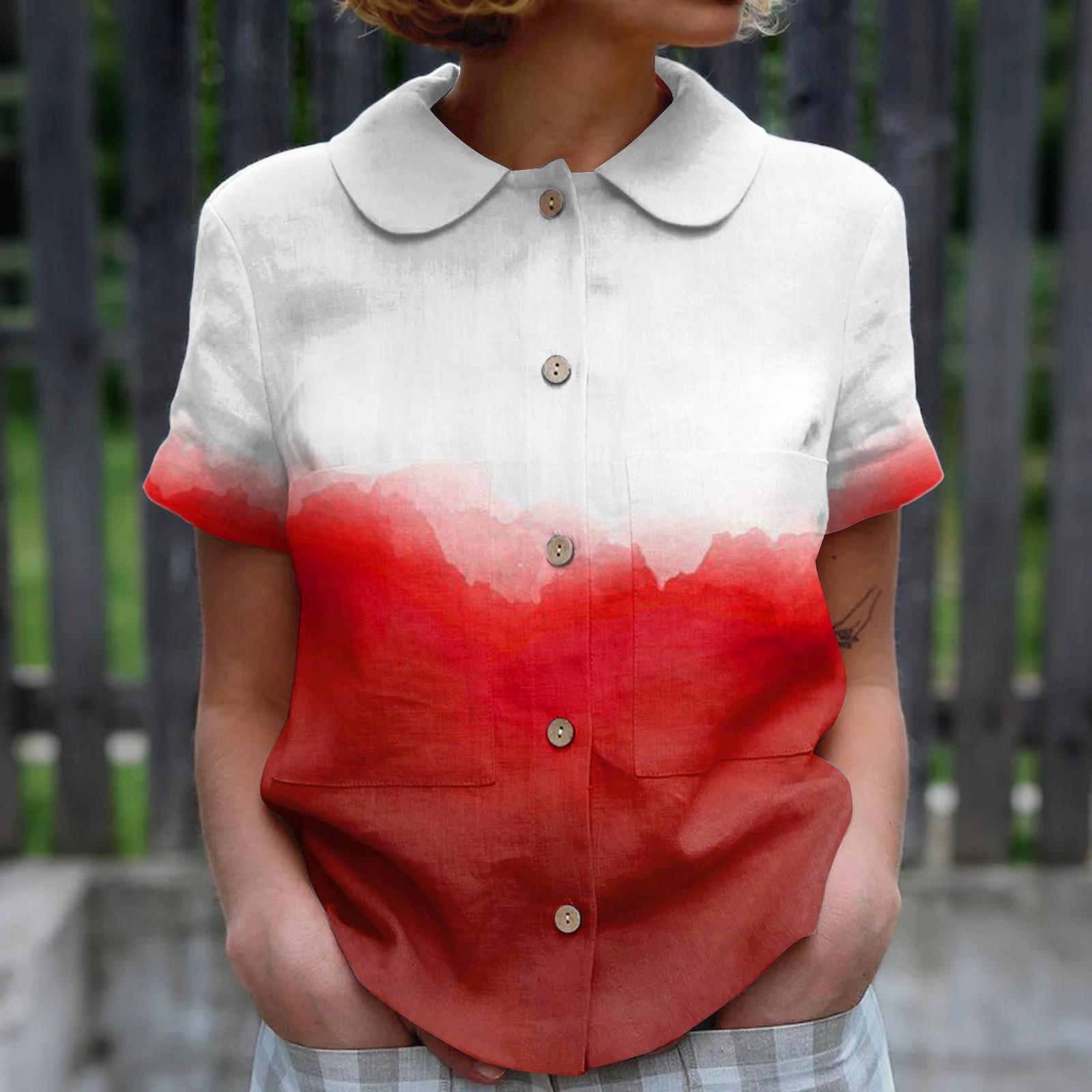 

Women s Fashionable Gradient Print O Neck Button Short Sleeved Top XL червоний