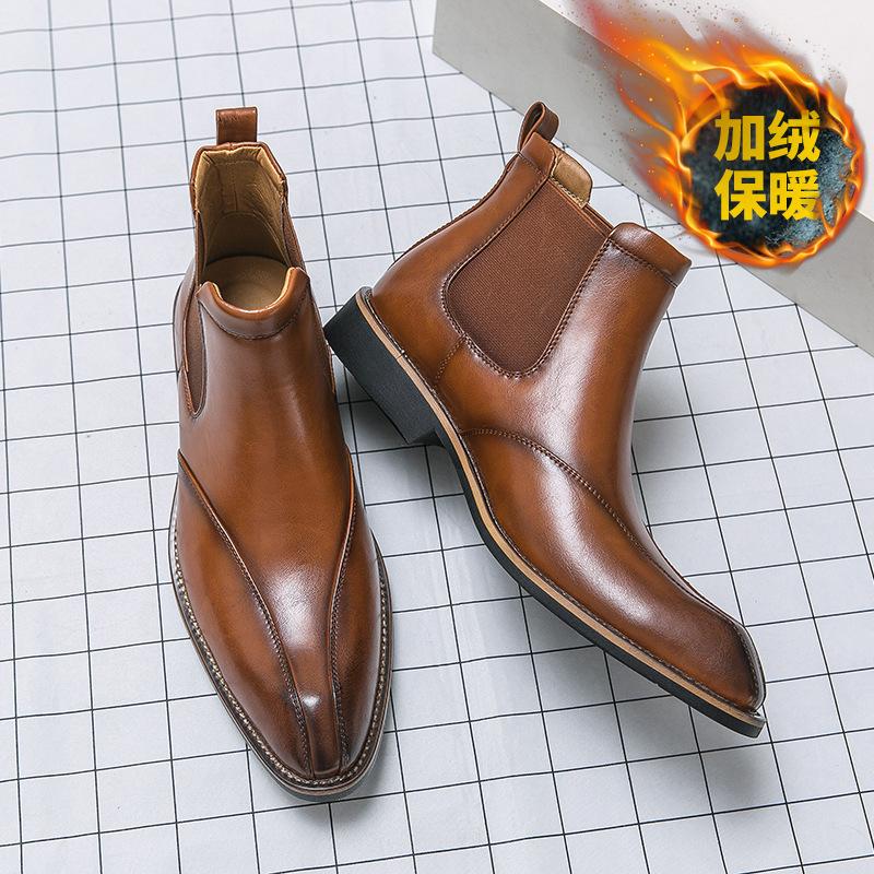 Autumn and winter velvet men's trend high casual leather shoes pointed short boots large size Martin boots