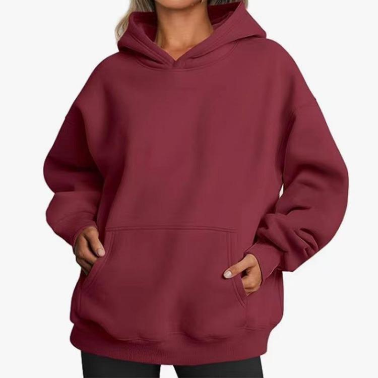 Hooded Sweatshirt Women's Long Sleeve Loose Fit Solid Color Fleece Warm Autumn Winter Style Street Hip Hop Pockets