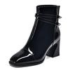 High-heeled Women's Boots Autumn and Winter New Square-headed Horseshoe Heel Fashion Boots Belt Buckle Short Boots Leather Boots