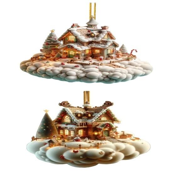 Weihnachtshaus-Anhänger, Acryl, 2D, flaches Hängeornament, Mini-Cartoon, Weihnachtshaus-Dekoration für Baum, Kaminsims, Auto