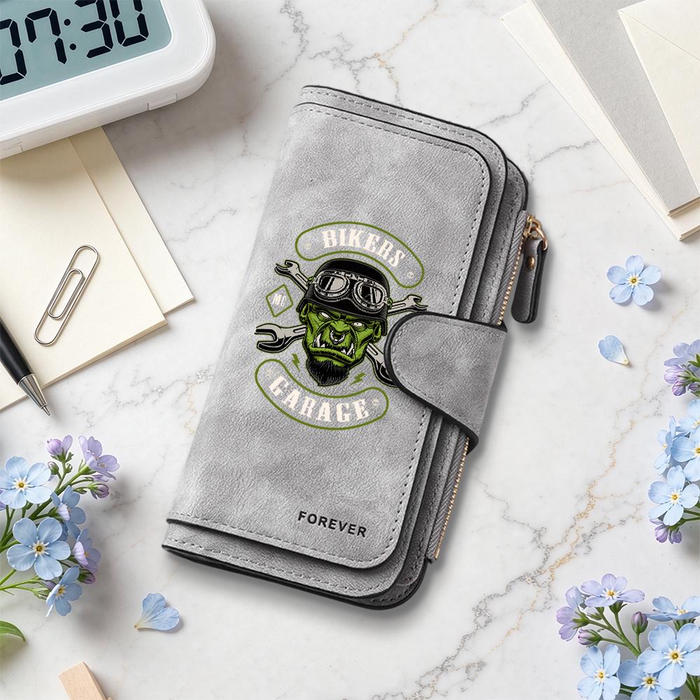 Bikers Garage Print Purse Multi Slot Slim Wallet Portable Card Holder Fashionable Casual Daily Use Wallet
