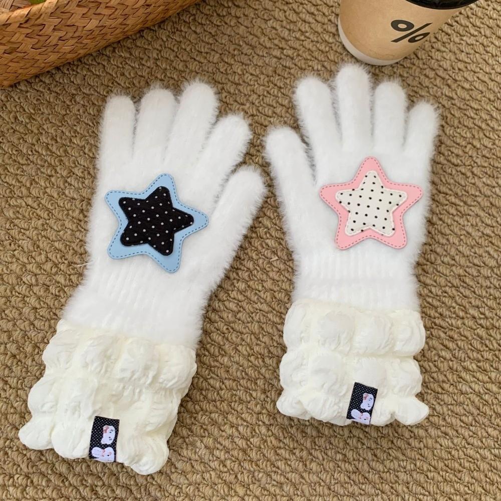 Star Bear Patch Design Full Finger Gloves Thick Plush Winter Gloves  Cold Weather