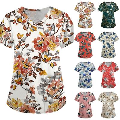 Women's Floral Print Loose Fit V Neck Short Sleeve Medical Scrub Top with Pockets for Healthcare Professionals Lightweight Breathable Fabric