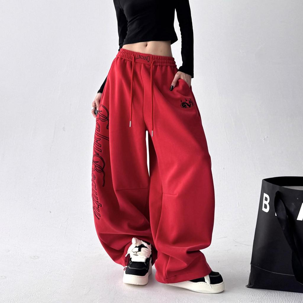 Christmas Red Letter Sweatpants Women Loose Vintage Hip Hop American Pant High Waist Bf Streetwear Pockets Lace Up Wide Leg Pans
