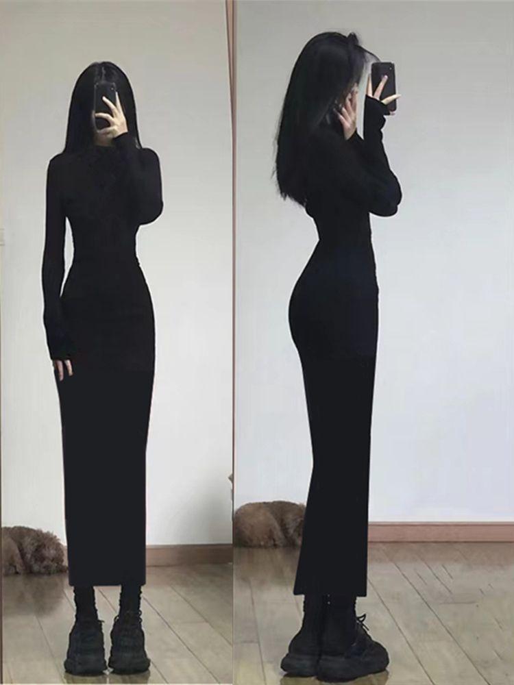 Temperament high-end long-sleeved dress women's autumn and winter clothing new high-waisted and thin pure desire sexy spice girl knee-length dress