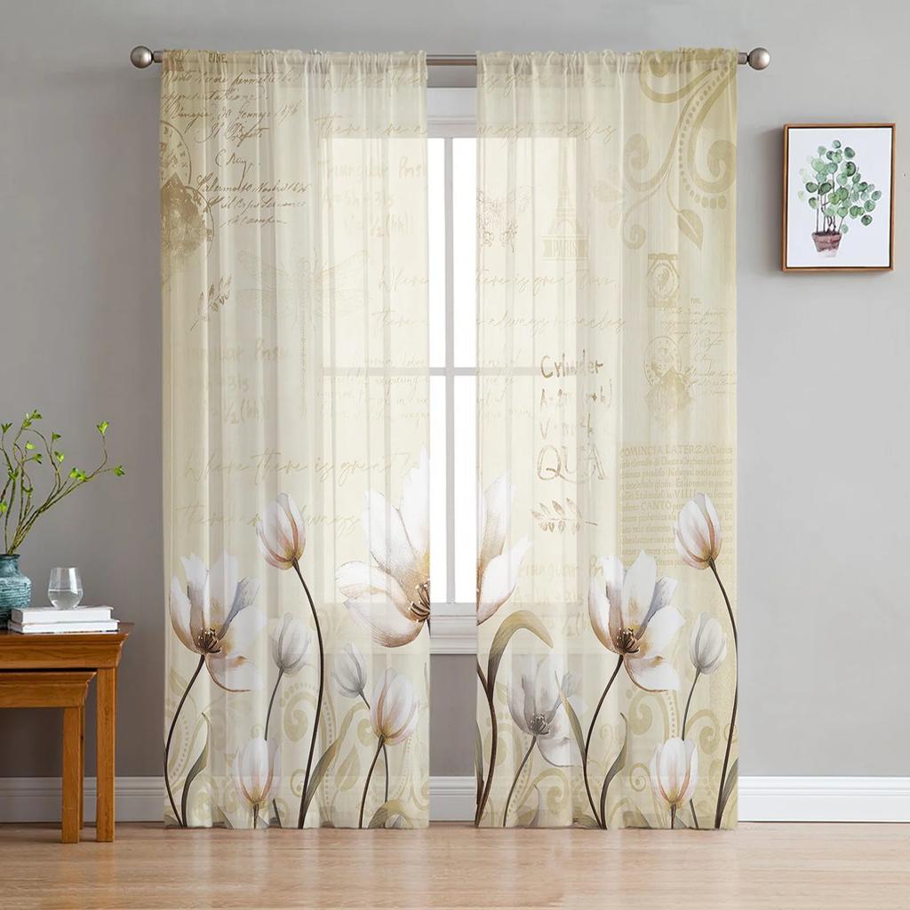 Rustic Vintage Tulip Flower Bird Sheer Curtains for Living Room Decoration Window Curtain Kitchen Tulle Voile Organza Drapes