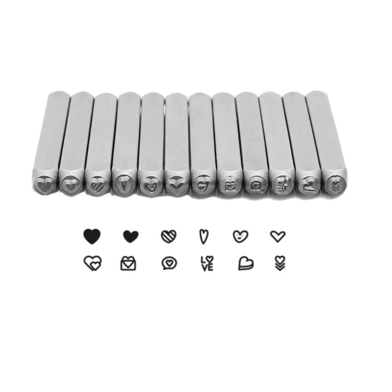 Multipurpose Jewelry Steel Stamping Set 12 Pieces Heart Shaped Designs Stamps 3MM Steel Accessory for Craft Supplies 1
