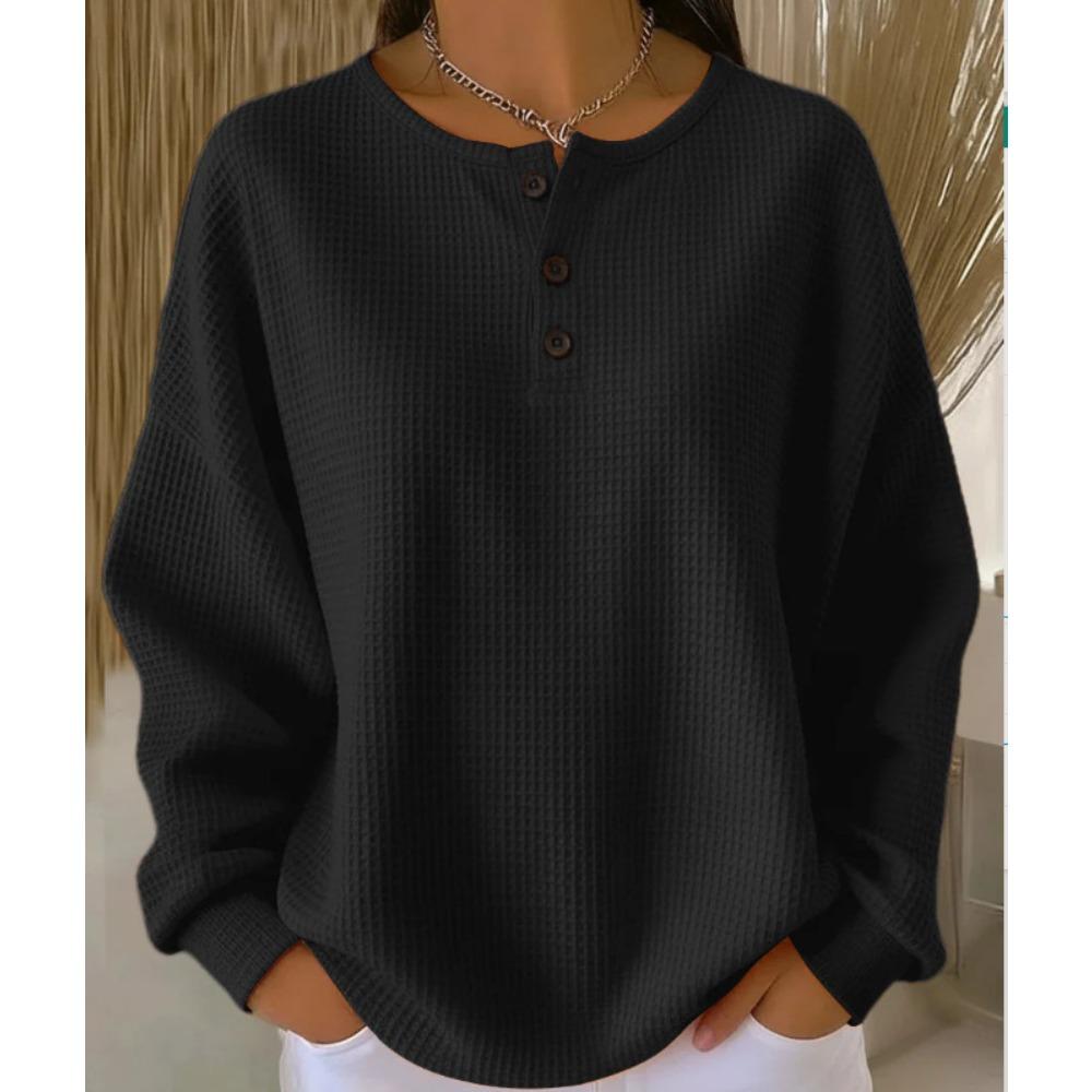 Women's Crew Neck Three‑Button Placket Color‑Block Striped Waffle Knit Loose Long Sleeve Top