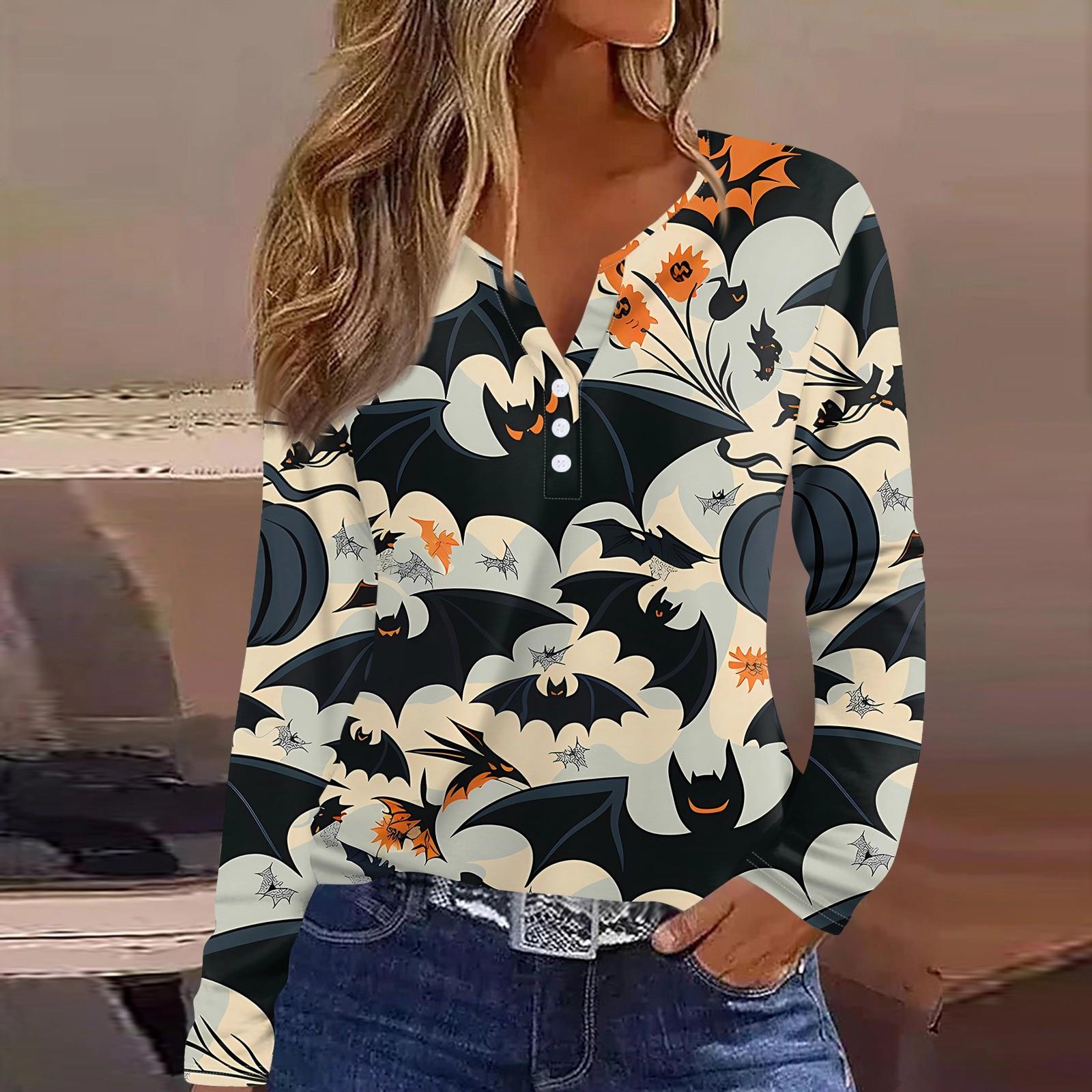 

Жен. Футболка Футболка Хэллоуин С принтом Пуговицы Длинный рукав Повседневные Выходные Мода Классический Классический V-образный вырез Обычный Верх XXL