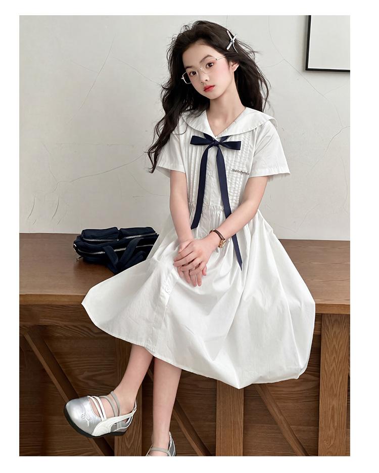Girls' Korean version college style summer dress, new summer children's stylish navy collar bow dress