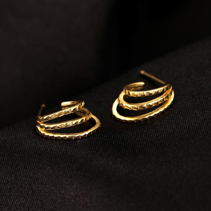 Banyan Tree S925 Silver Korean Trend Three-Layer C-Shaped Earrings - Simple, Elegant Style for Women