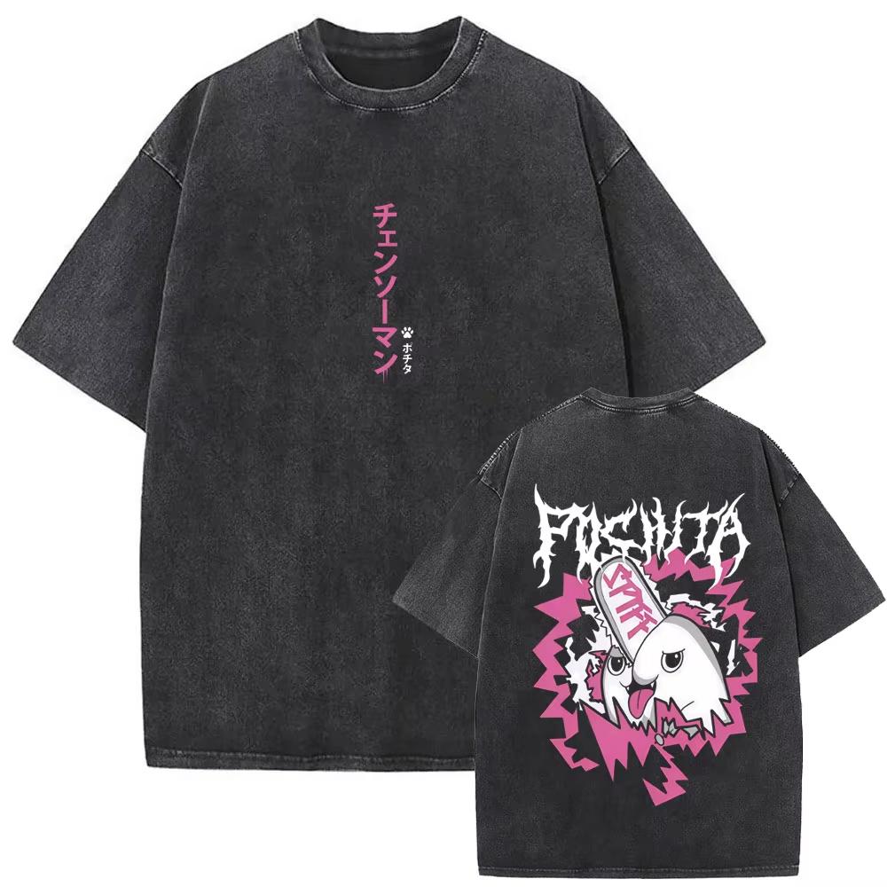 Anime Chainsaw Man Retro Gewaschenes T-Shirt Lustiges Cartoon Denji Pochita Grafik-T-Shirt Herren Damen Mode Vintage Lässige T-Shirts