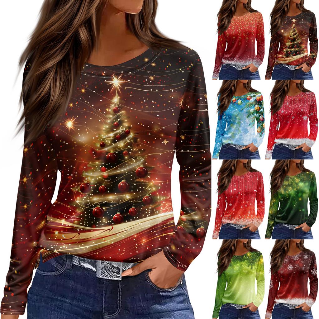 Women's Fashion Casual Slit Hem Round Neck Long Sleeve Loose Printed T-Shirt Ladies Top Christmas