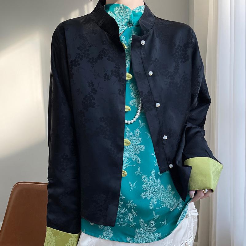 Women's Retro Satin Mandarin Collar Cardigan - Loose Fit, Light National Style Tang Jacket