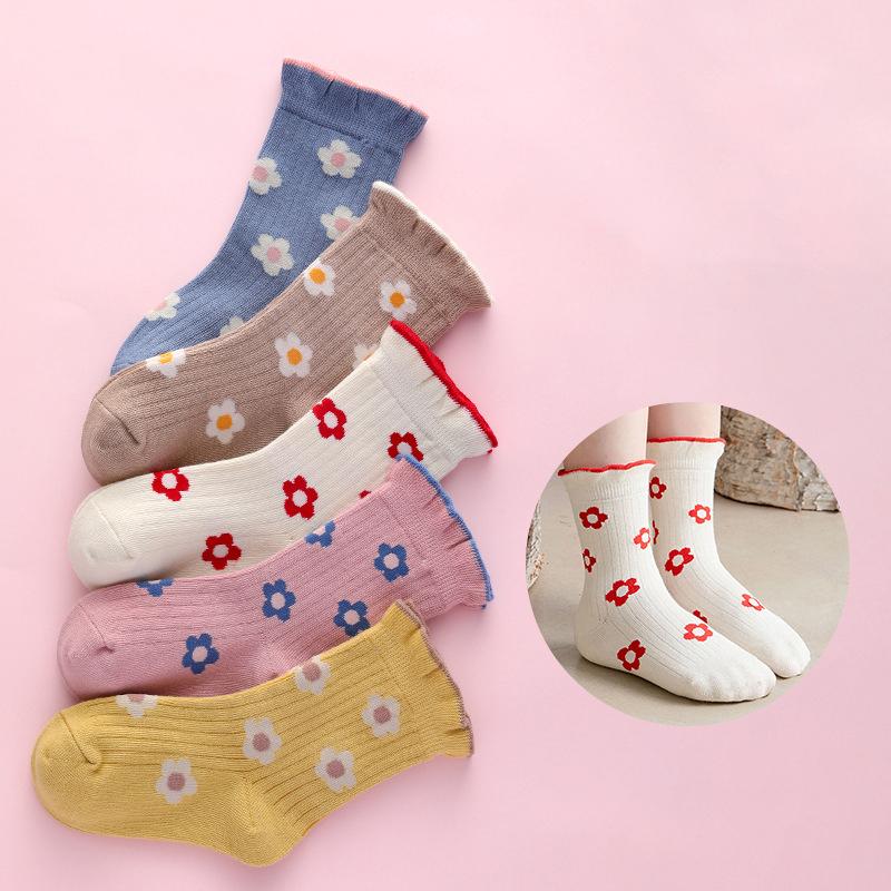 5 Pairs Girls Soft Cotton Middle Tube Socks Autumn Winter Warm Love Heart Flower Print Baby Kids Socks