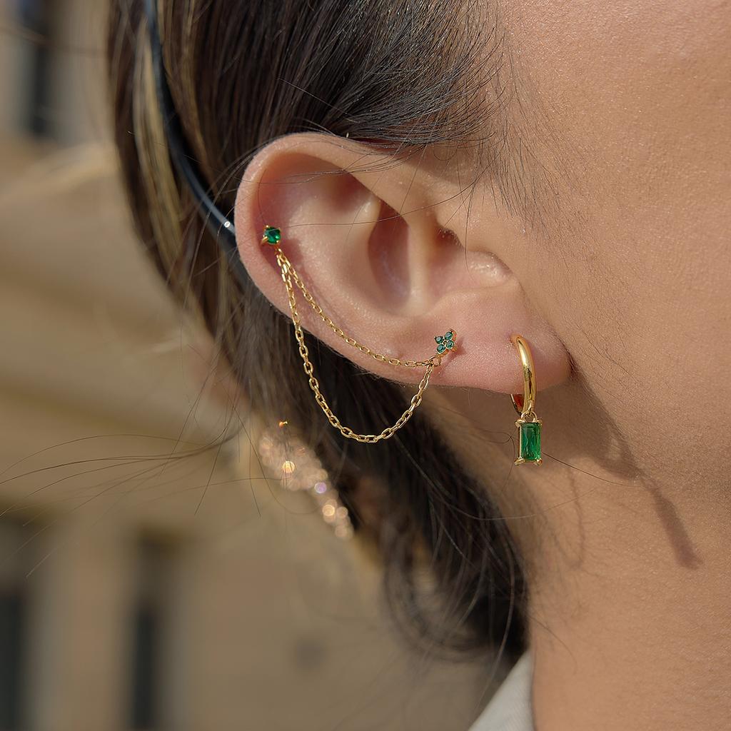 Youthway 3 Pairs/Set Elegant Green Zircon Earrings For Women Minimalist 18K Gold Plated Stainless Steel Earrings Fashion Jewelry