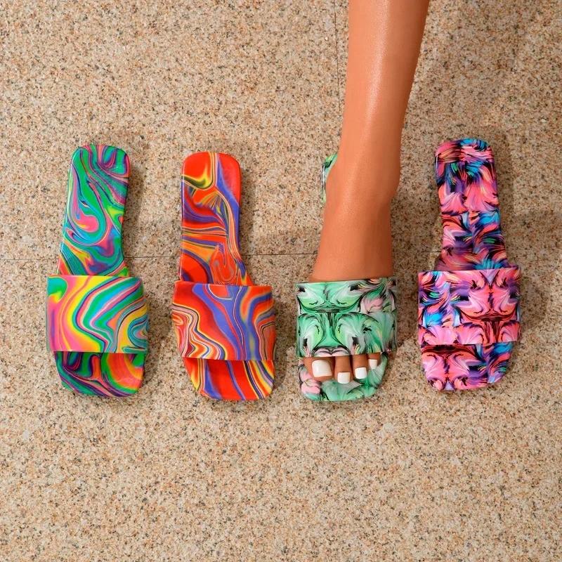 Fashion Ladies Shoes 2024 New Open Toe Square Toe Women's Slippers Summer Mixed Colors Outdoor Casual Beach Flat Large Size Slippers