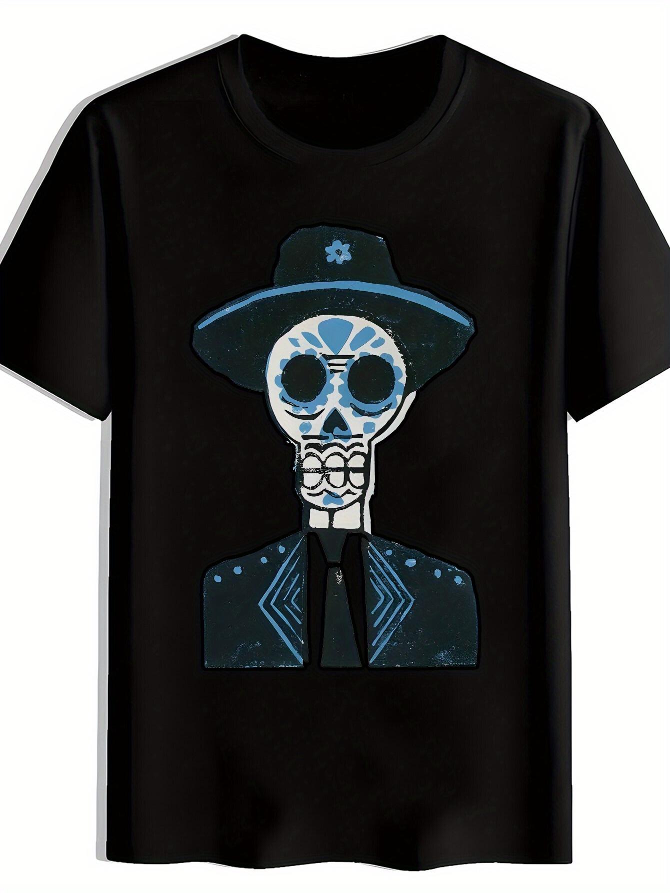 Mexican Day of the Dead T-shirt - Skeleton Graphic Tee with Hat S