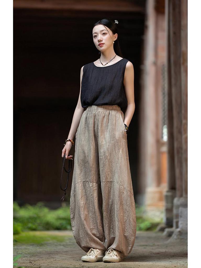 Damen-Retro-Leinenhose mit Batikmuster und weitem Bein im Laternen-Stil