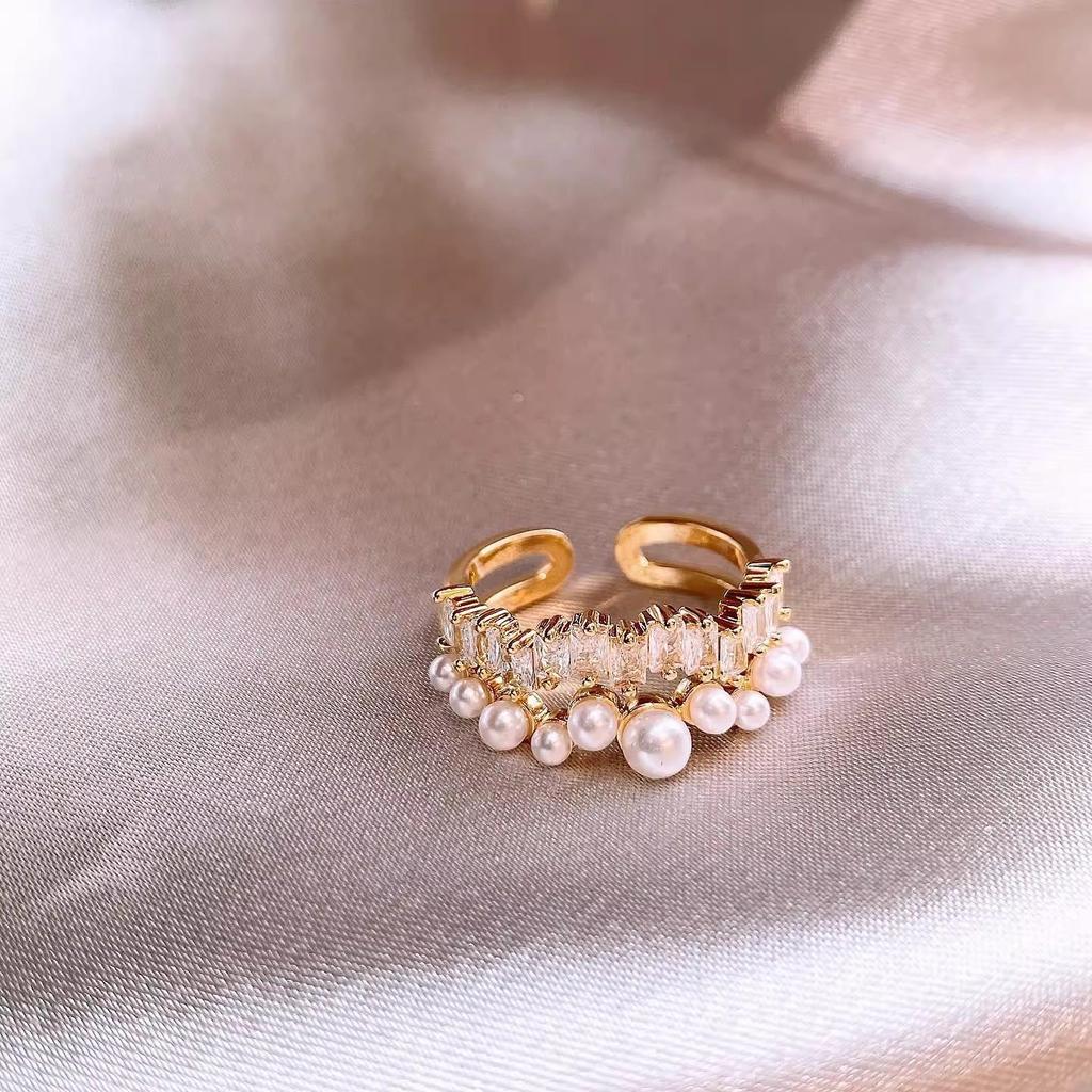 Exquisite French Zircon Pearl Double Layer Geometric Open Ring for Women - Luxurious and Unique Design