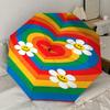 Rainbow Heart Smiley Face Daisy Flower Automatic Opening Folding Umbrella - Portable 3-Fold Design with Iron Frame for Outdoor Use, Festive